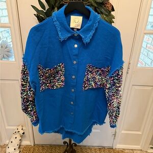 NWT Fantastic Fawn Oversized Distressed Sequin Shacket Jacket S Lightweight
